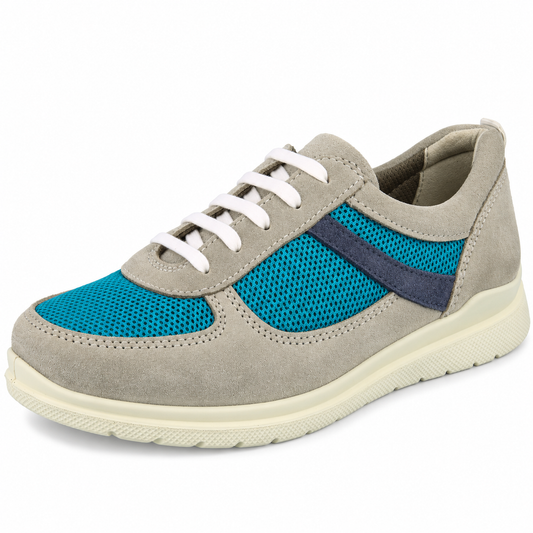 A low-top casual sneaker in light gray suede and mesh, featuring bright turquoise blue mesh panels on the toe and side, a dark blue-gray side stripe, white laces, and a cream-colored sole.