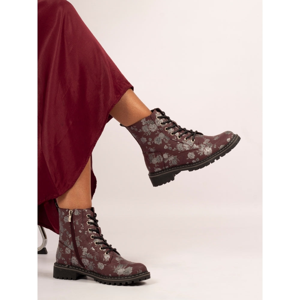 Lunar Women's GLW037 Dazzle Floral Leather Ankle Boot Burgundy