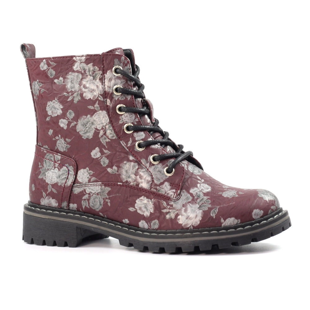 Lunar Women's GLW037 Dazzle Floral Leather Ankle Boot Burgundy
