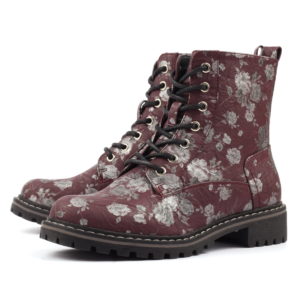 Lunar Women's GLW037 Dazzle Floral Leather Ankle Boot Burgundy