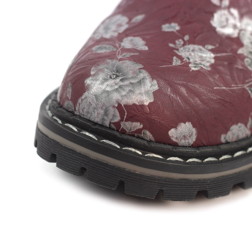 Lunar Women's GLW037 Dazzle Floral Leather Ankle Boot Burgundy