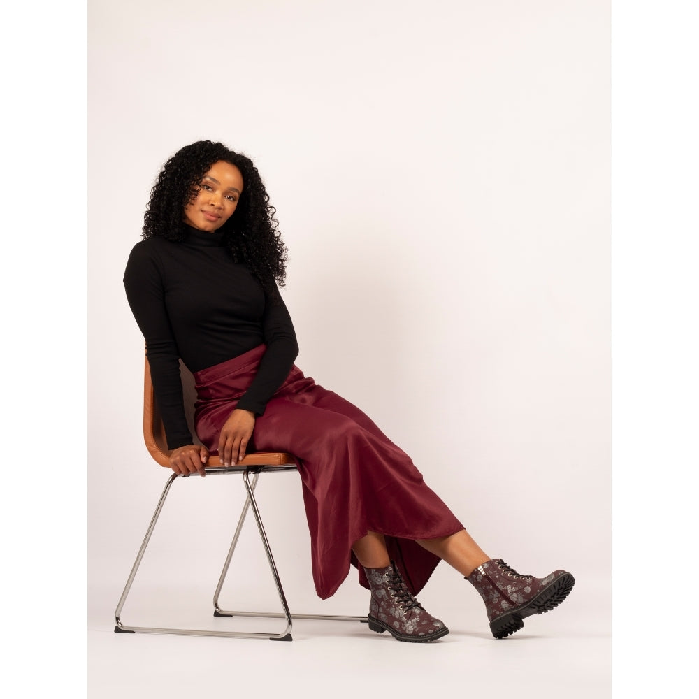 Lunar Women's GLW037 Dazzle Floral Leather Ankle Boot Burgundy