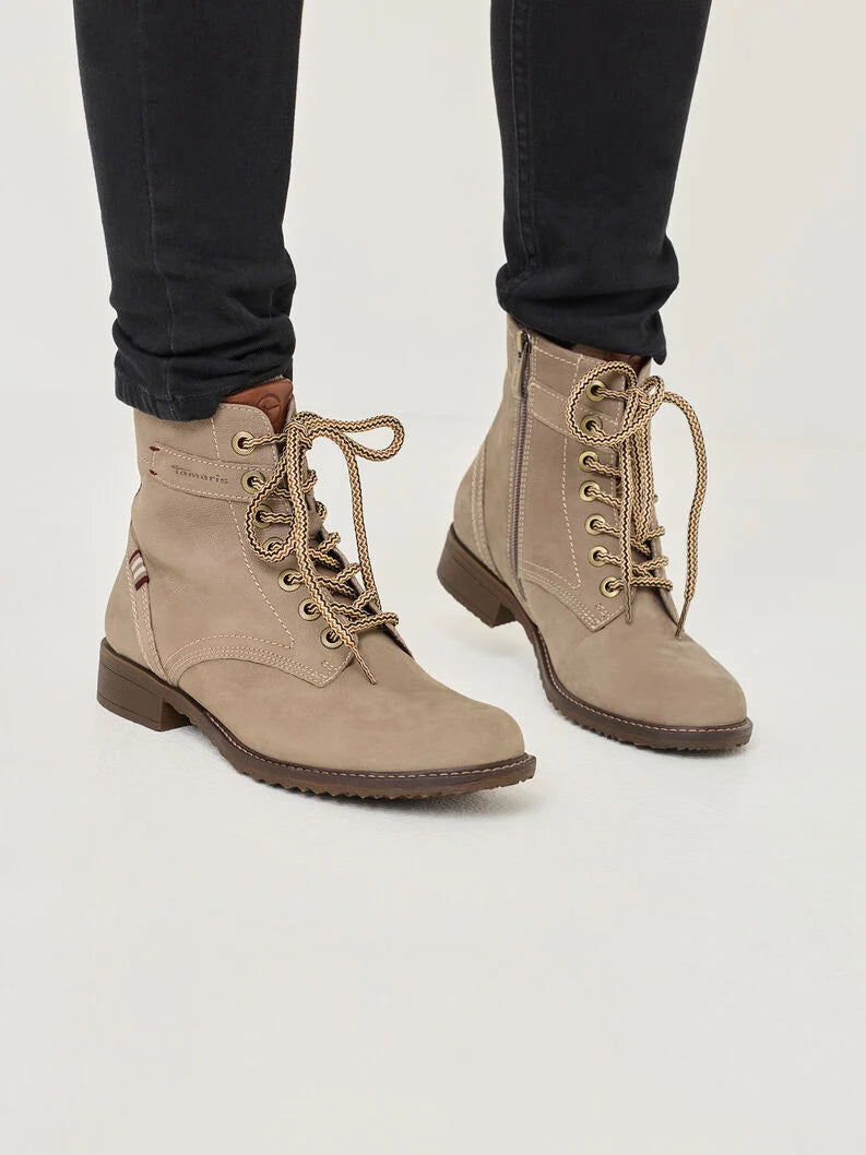 Tamaris Women's 1-25298-45 Leather Lace-Up Boots Taupe