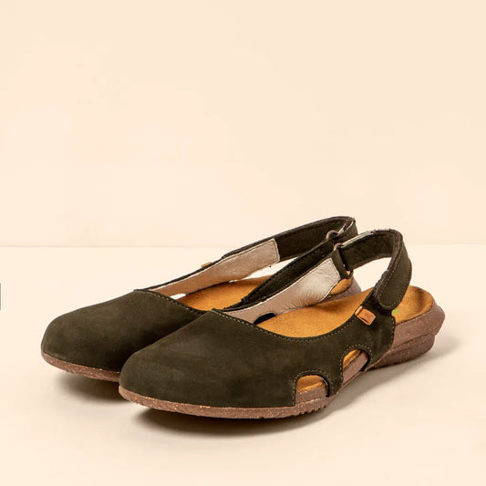El Naturalista Women's N413 Nubuck Leather Comfort Sandals Lavado Kaki Green