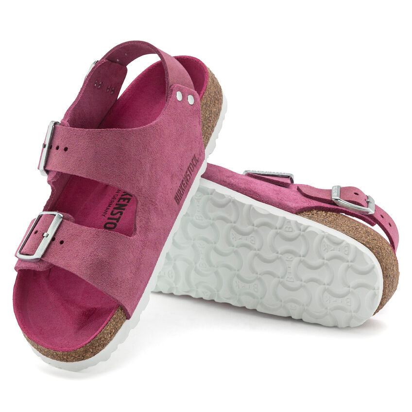 Birkenstock Unisex Milano Leather Suede Regular Fit Sandals Shimmering Fuchsia